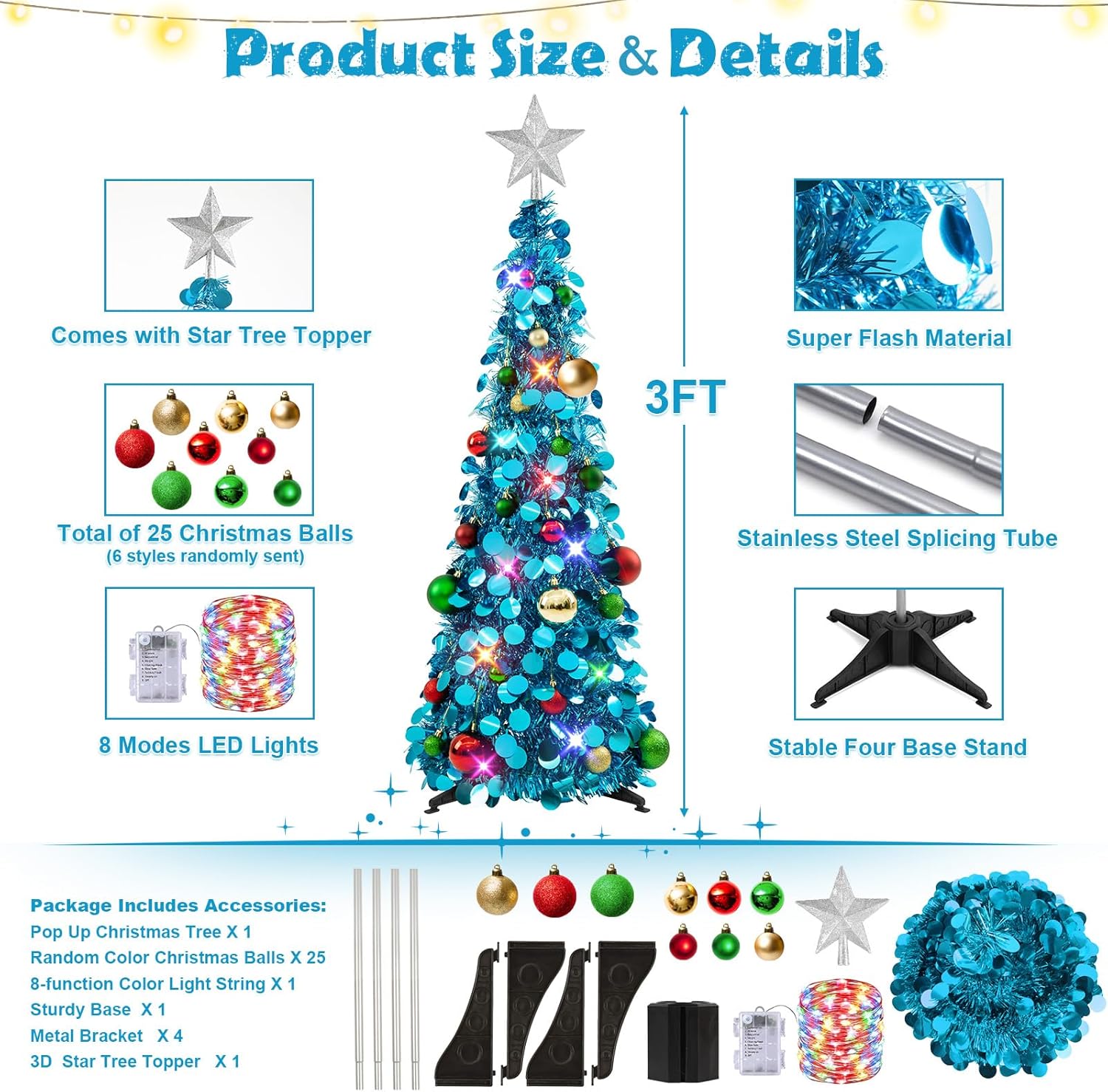 N&T NIETING Pop Up Christmas Tree with Lights & 40 Balls, 6Ft Collapsible Green Tinsel Christmas Tree Decorations, Pencil Christmas Tree Skinny Christmas Tree for Holiday Xmas Home Office Decor