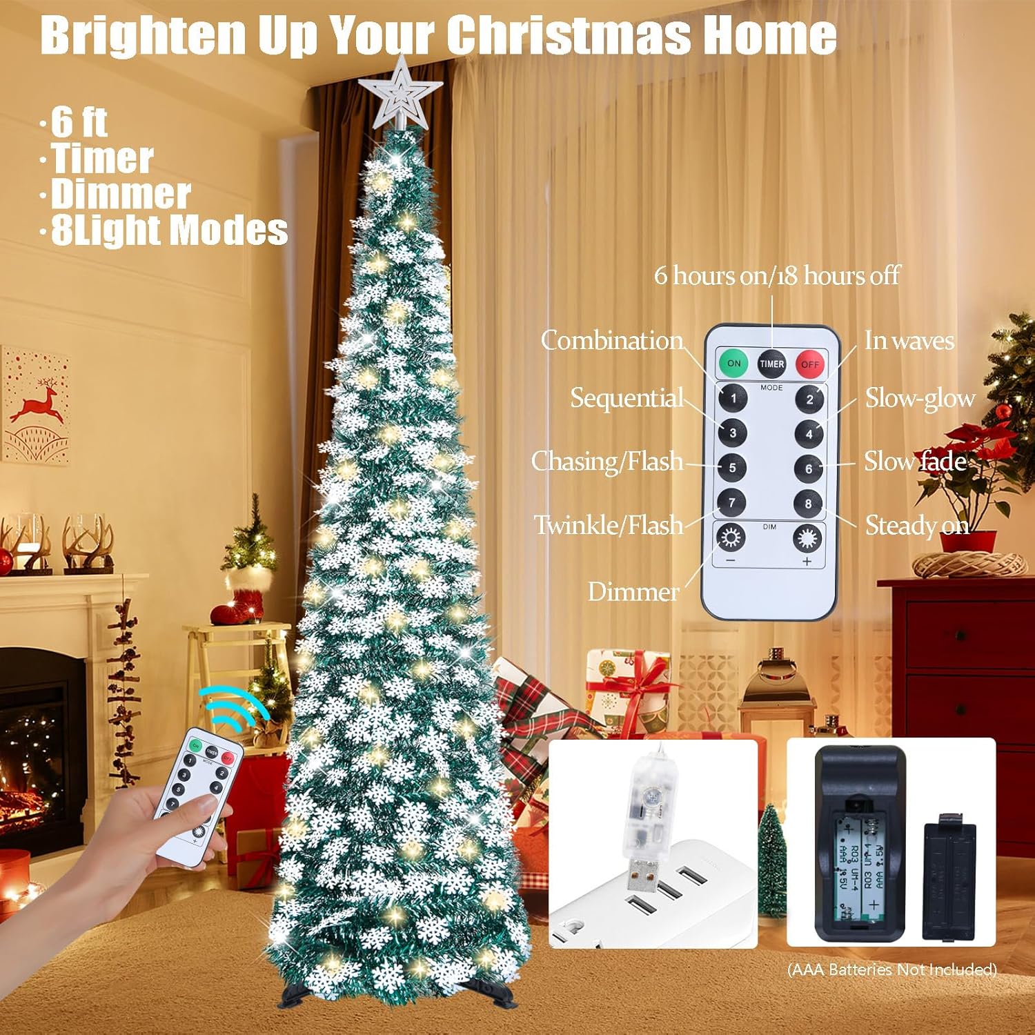 SINTENILL 6 FT Pop Up Christmas Tree with Timer Lights, Green Tinsel Artificial Christmas Tree with Snowflake Ornaments, Pencil Christmas Tree Collapsible Tree for Indoor Home, Office, Party