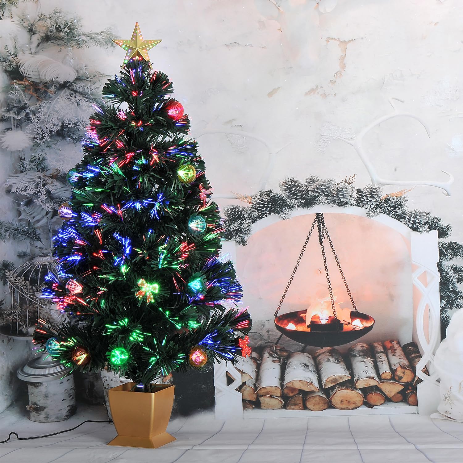 3ft Green Fiber Optic Christmas Tree,Prelit Artificial Tabletop Mini Christmas Tree,Star,Butterfly and Ball Ornaments for Best Holiday Home Decorations