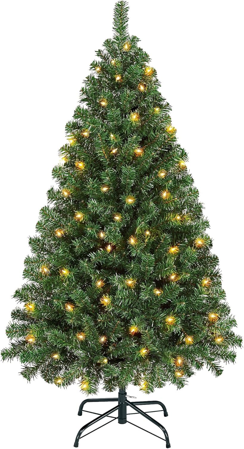 Yaheetech 4.5ft Pre-lit Spruce Artificial Hinged Christmas Pine Tree Prelighted Holiday Xmas Tree for Home Party Decoration with 150 Warm White Lights and 324 Branch Tips, White