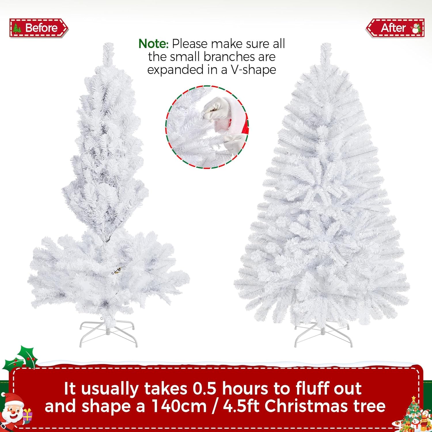 Yaheetech 4.5ft Pre-lit Spruce Artificial Hinged Christmas Pine Tree Prelighted Holiday Xmas Tree for Home Party Decoration with 150 Warm White Lights and 324 Branch Tips, White