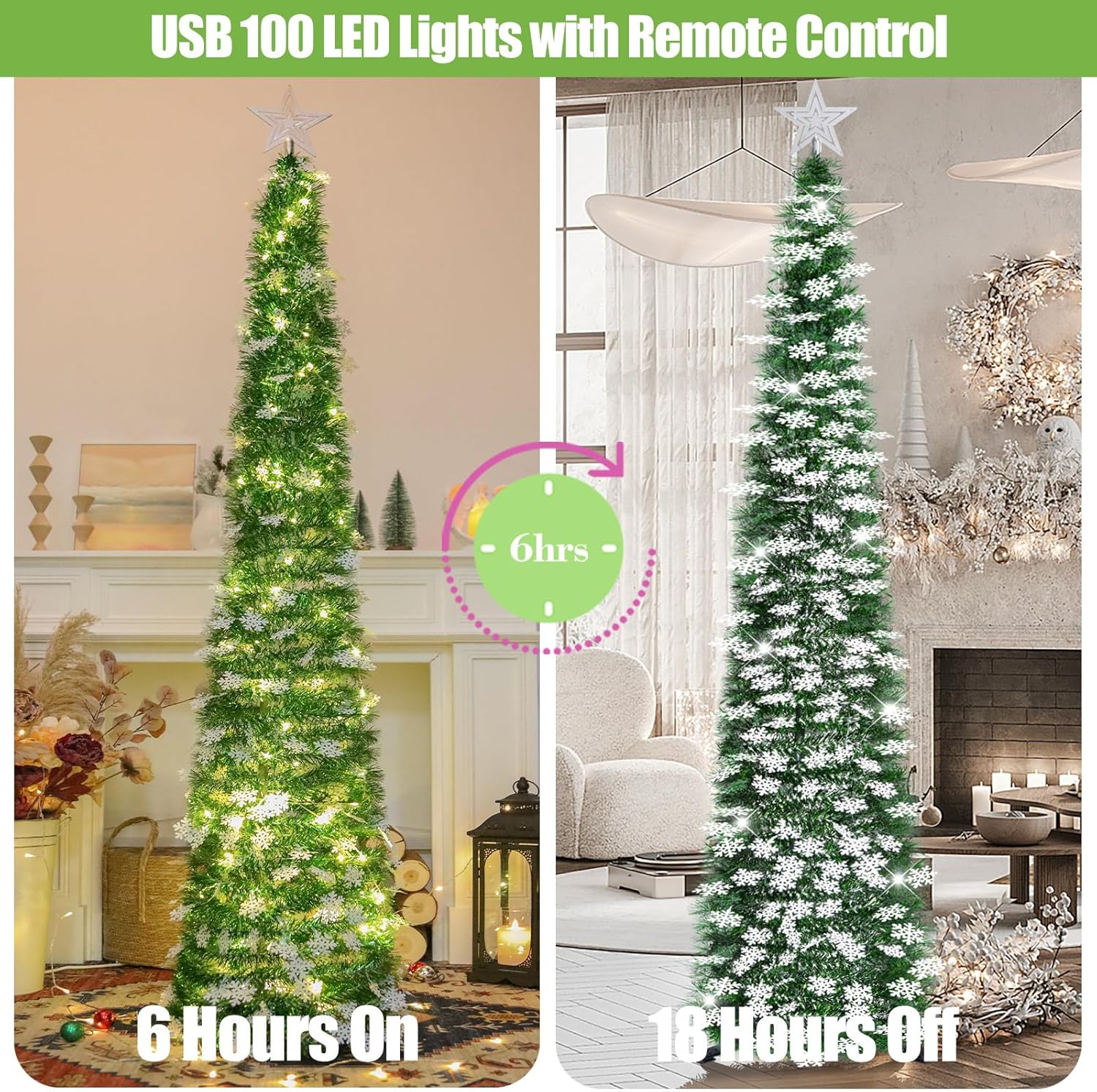 SINTENILL 6 FT Pop Up Christmas Tree with Timer Lights, Green Tinsel Artificial Christmas Tree with Snowflake Ornaments, Pencil Christmas Tree Collapsible Tree for Indoor Home, Office, Party