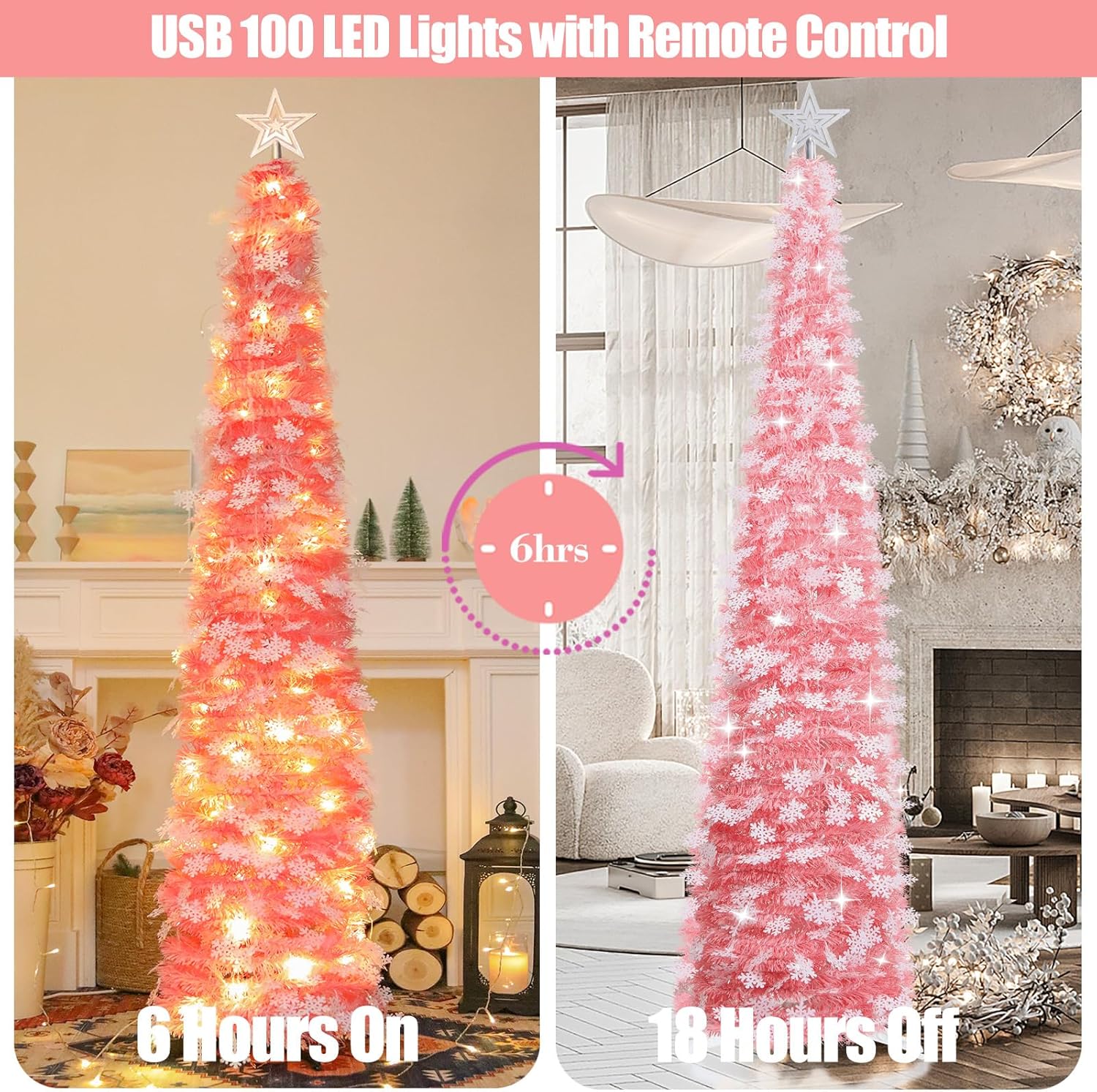 SINTENILL 6 FT Pop Up Christmas Tree with Timer Lights, Green Tinsel Artificial Christmas Tree with Snowflake Ornaments, Pencil Christmas Tree Collapsible Tree for Indoor Home, Office, Party