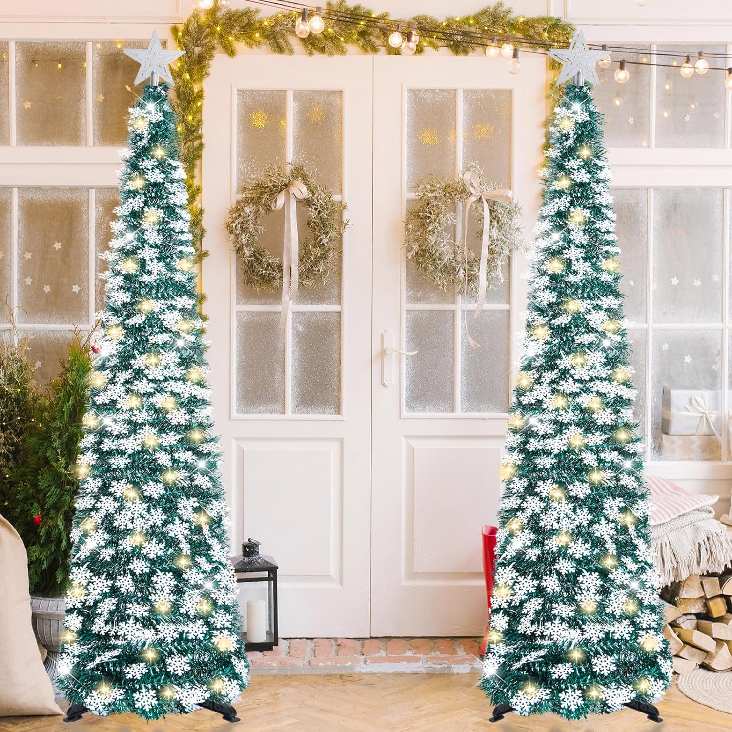 SINTENILL 6 FT Pop Up Christmas Tree with Timer Lights, Green Tinsel Artificial Christmas Tree with Snowflake Ornaments, Pencil Christmas Tree Collapsible Tree for Indoor Home, Office, Party