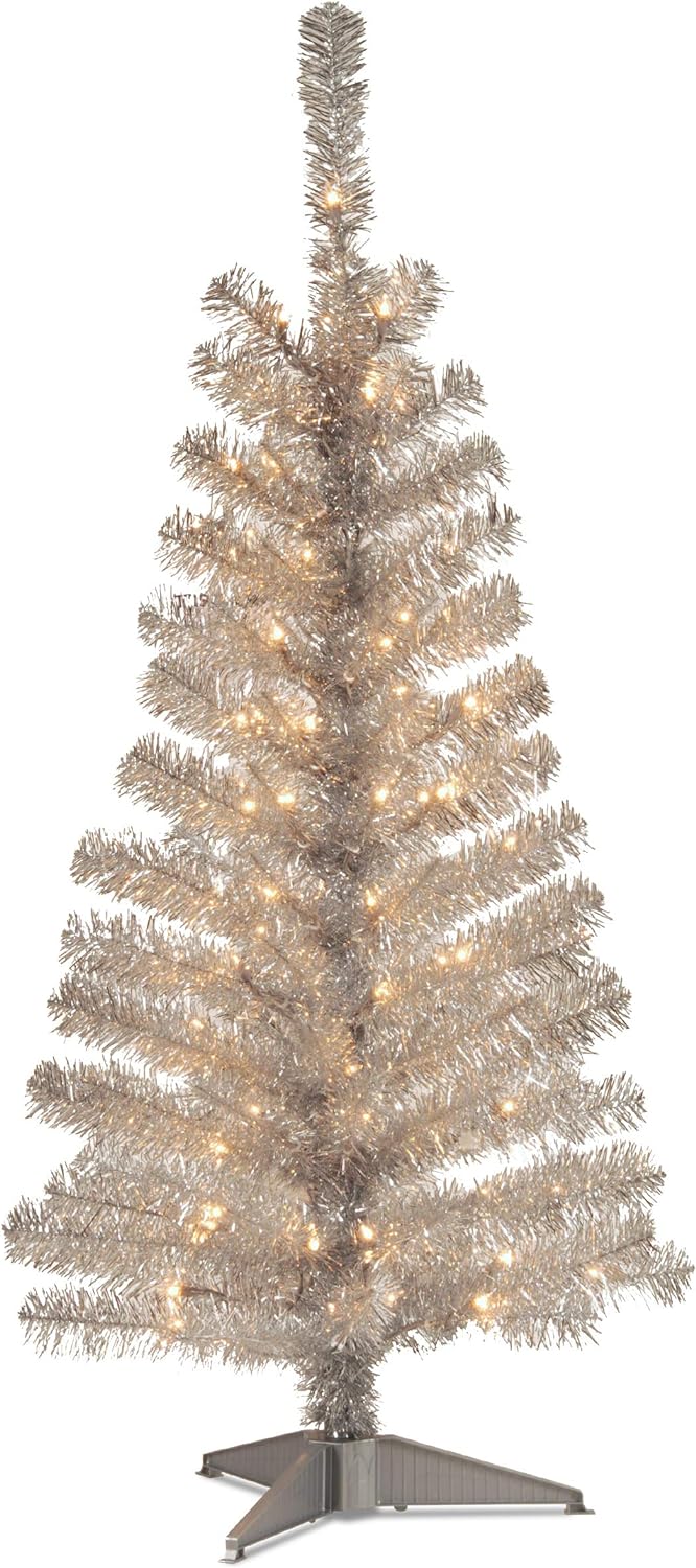 National Tree Company Pre-Lit Artificial Christmas Tree, Champagne Gold Tinsel, White Lights, Includes Stand, 4 feet