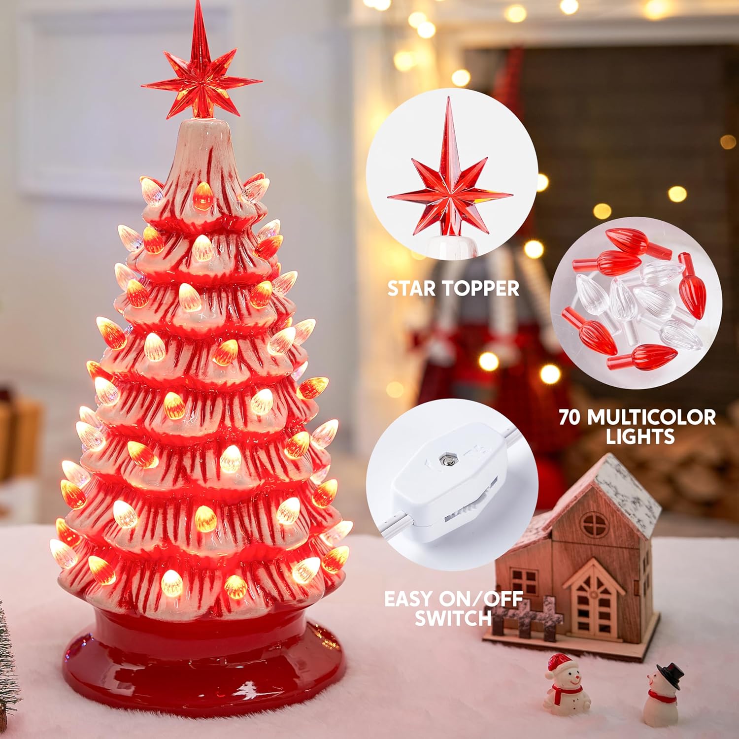 Joiedomi 15 Tabletop Prelit Ceramic Christmas Tree with 70 Multicolor Lights, Hand-Painted Ceramic Tabletop Christmas Tree for Christmas Holiday Indoor Decorations