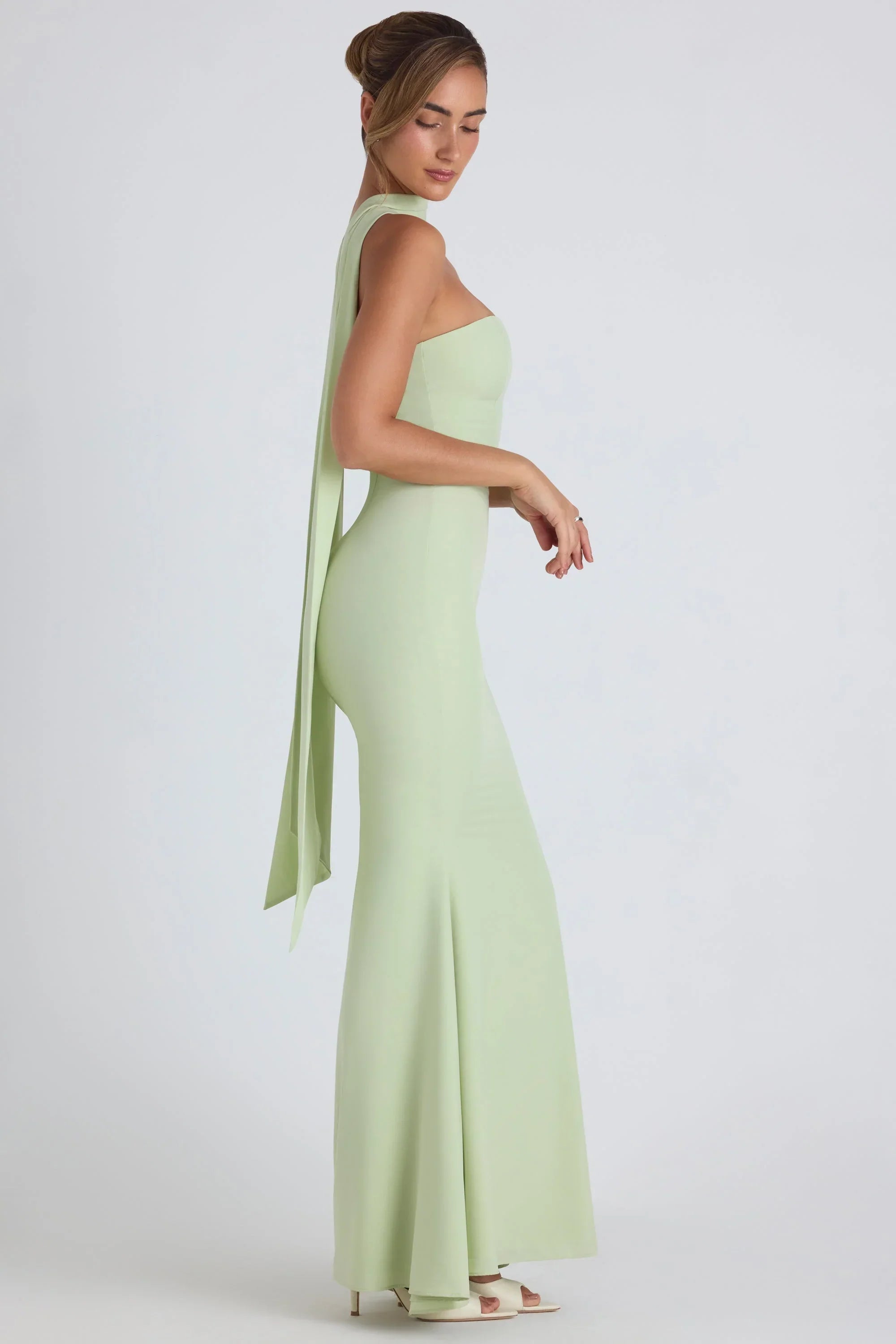 Scarf-Detail Strapless Gown in Spring Green