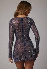 Sheer Embellished Long Sleeve A-Line Mini Dress in Navy