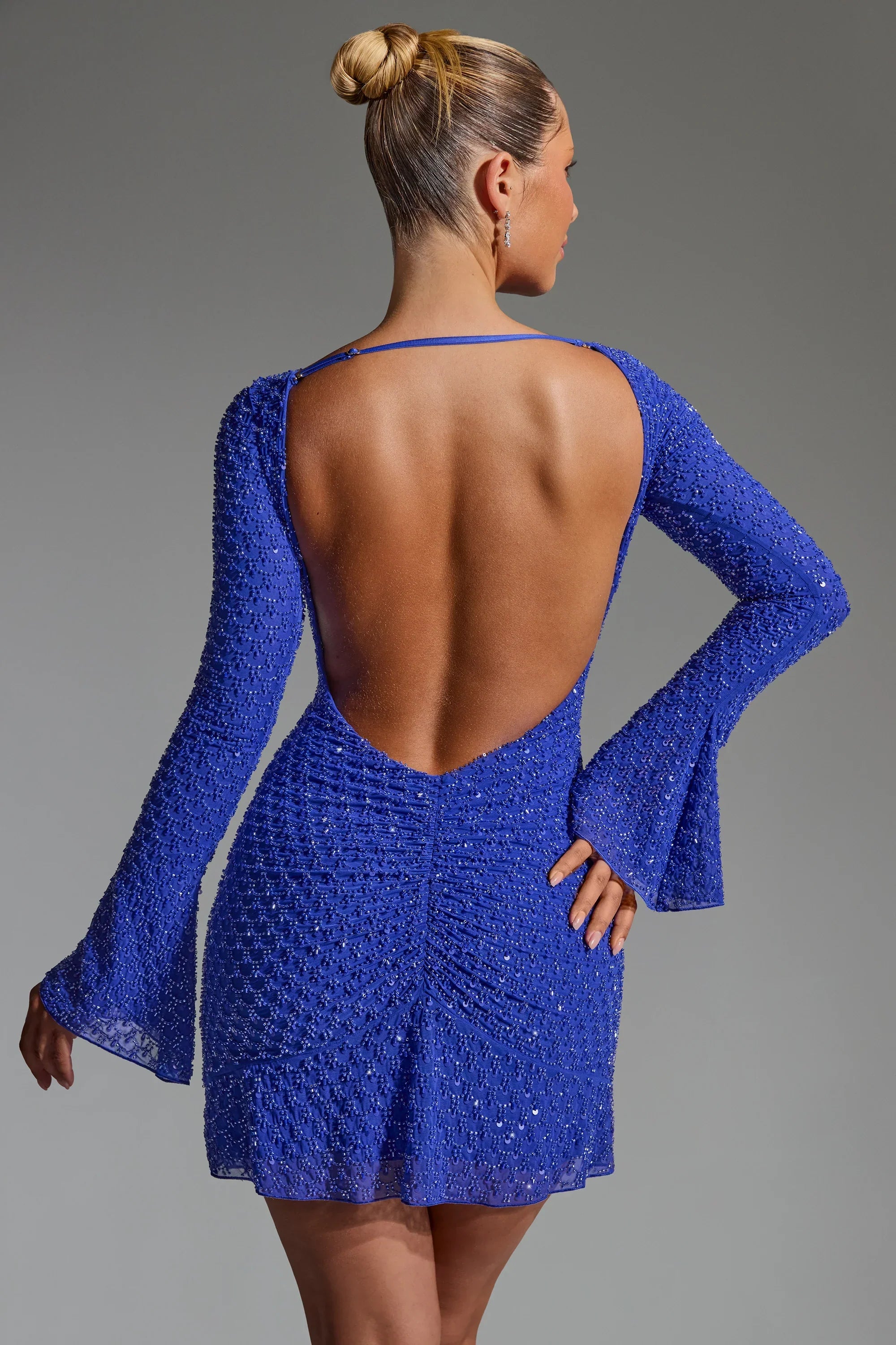 Embellished Open-Back A-Line Mini Dress in Cobalt Blue