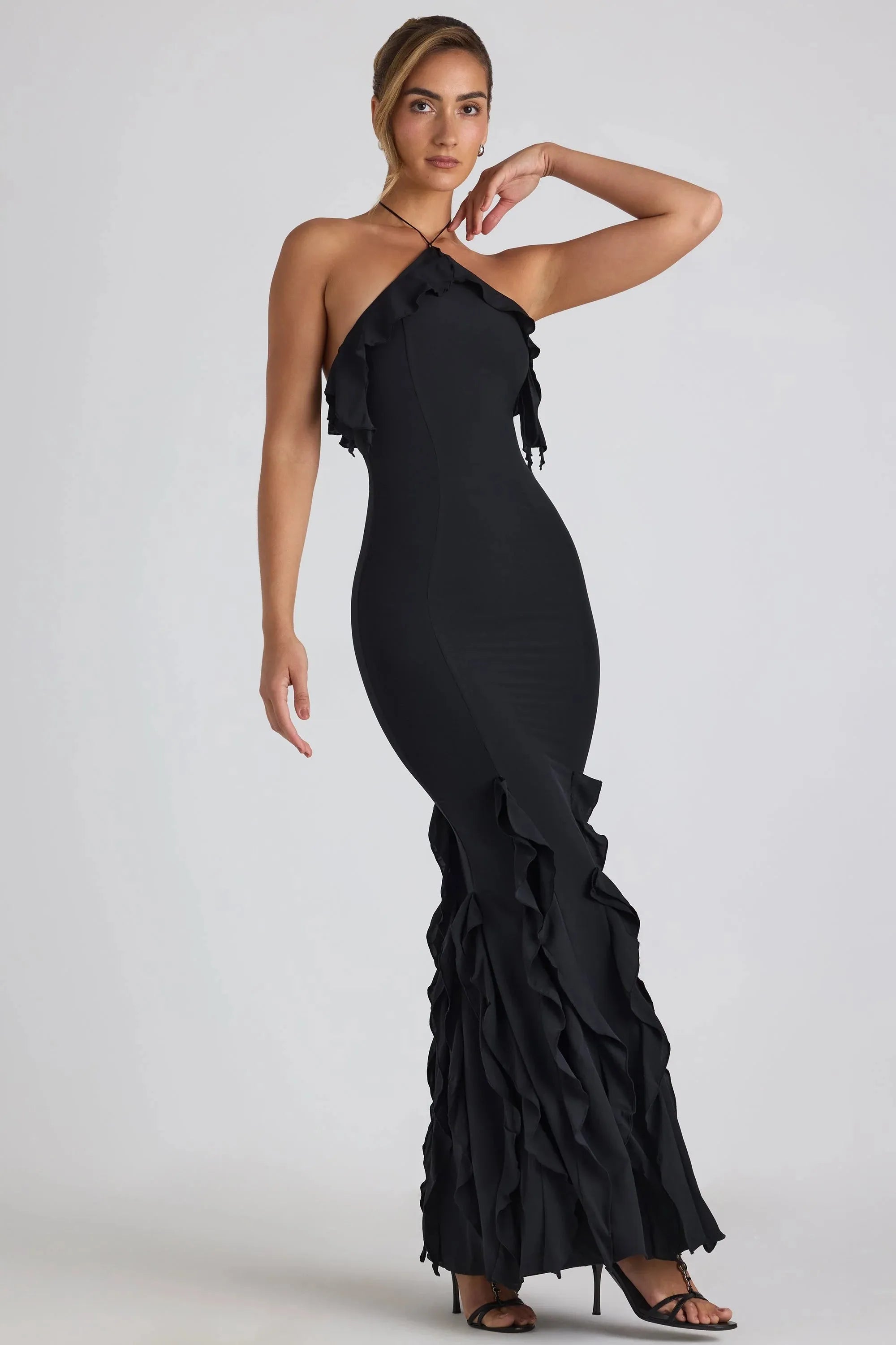 Ruffle-Trim Halterneck Gown in Black