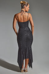 Embellished Cut-Out Asymmetric Midaxi Dress in Black