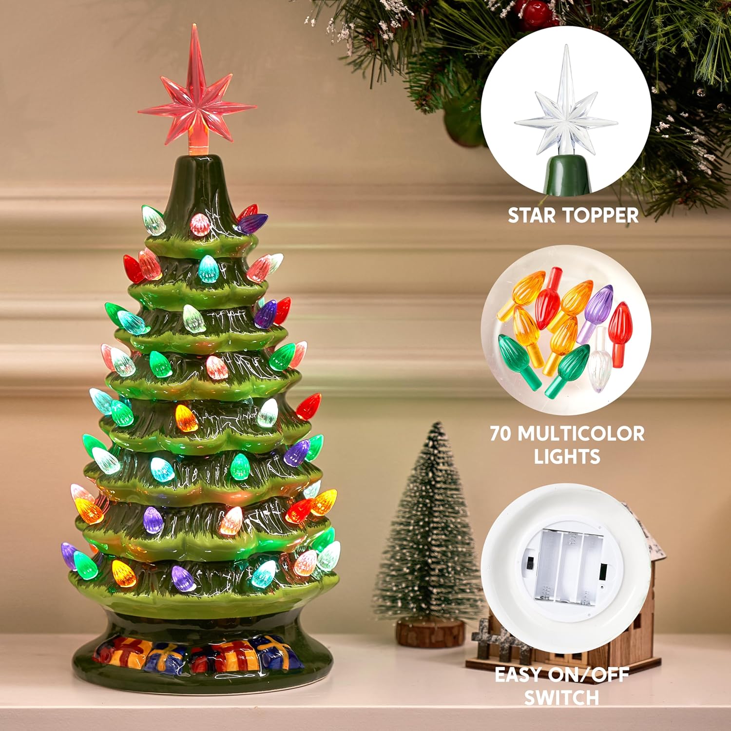 Joiedomi 15 Tabletop Prelit Ceramic Christmas Tree with 70 Multicolor Lights, Hand-Painted Ceramic Tabletop Christmas Tree for Christmas Holiday Indoor Decorations