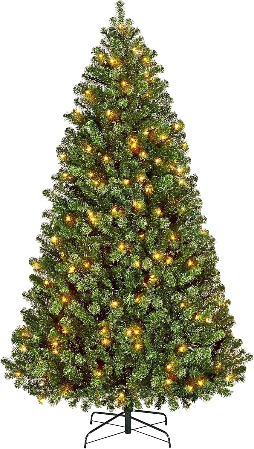 Yaheetech 4.5ft Pre-lit Spruce Artificial Hinged Christmas Pine Tree Prelighted Holiday Xmas Tree for Home Party Decoration with 150 Warm White Lights and 324 Branch Tips, White