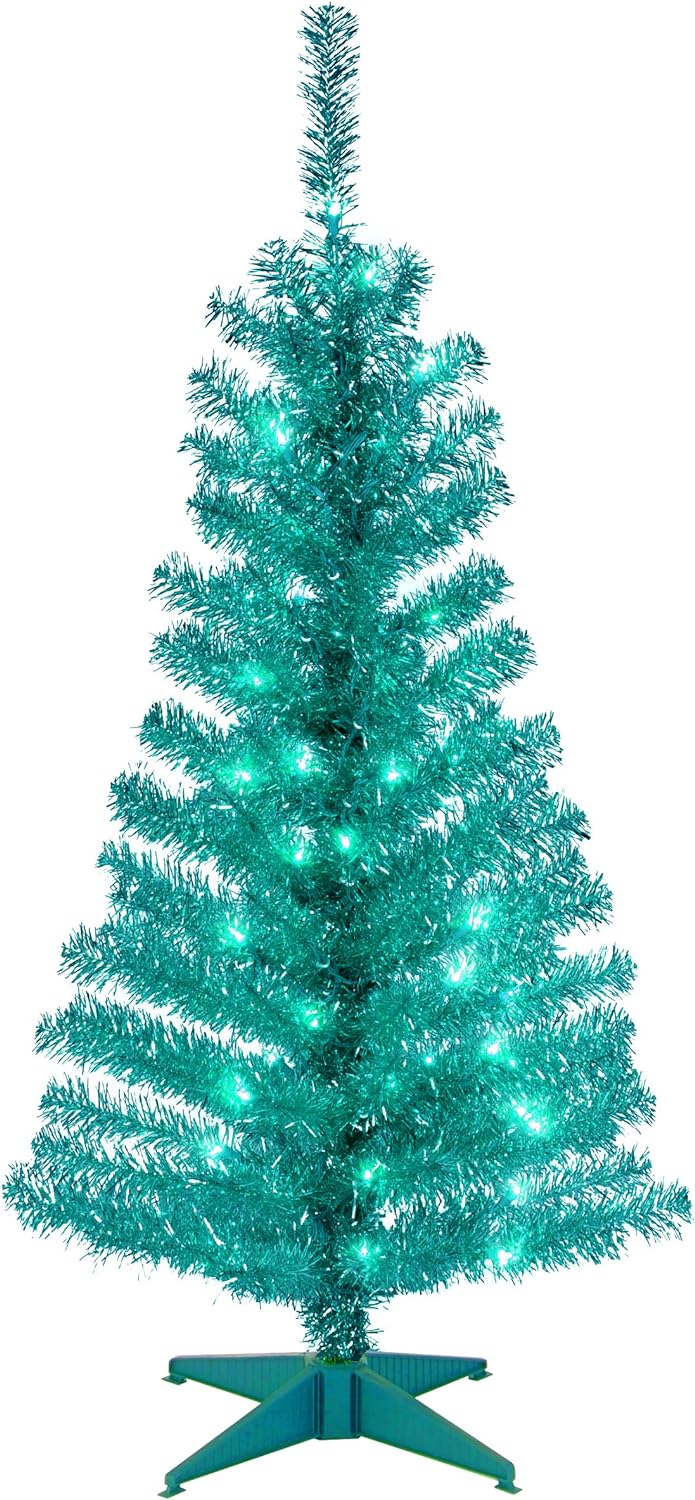 National Tree Company Pre-Lit Artificial Christmas Tree, Champagne Gold Tinsel, White Lights, Includes Stand, 4 feet