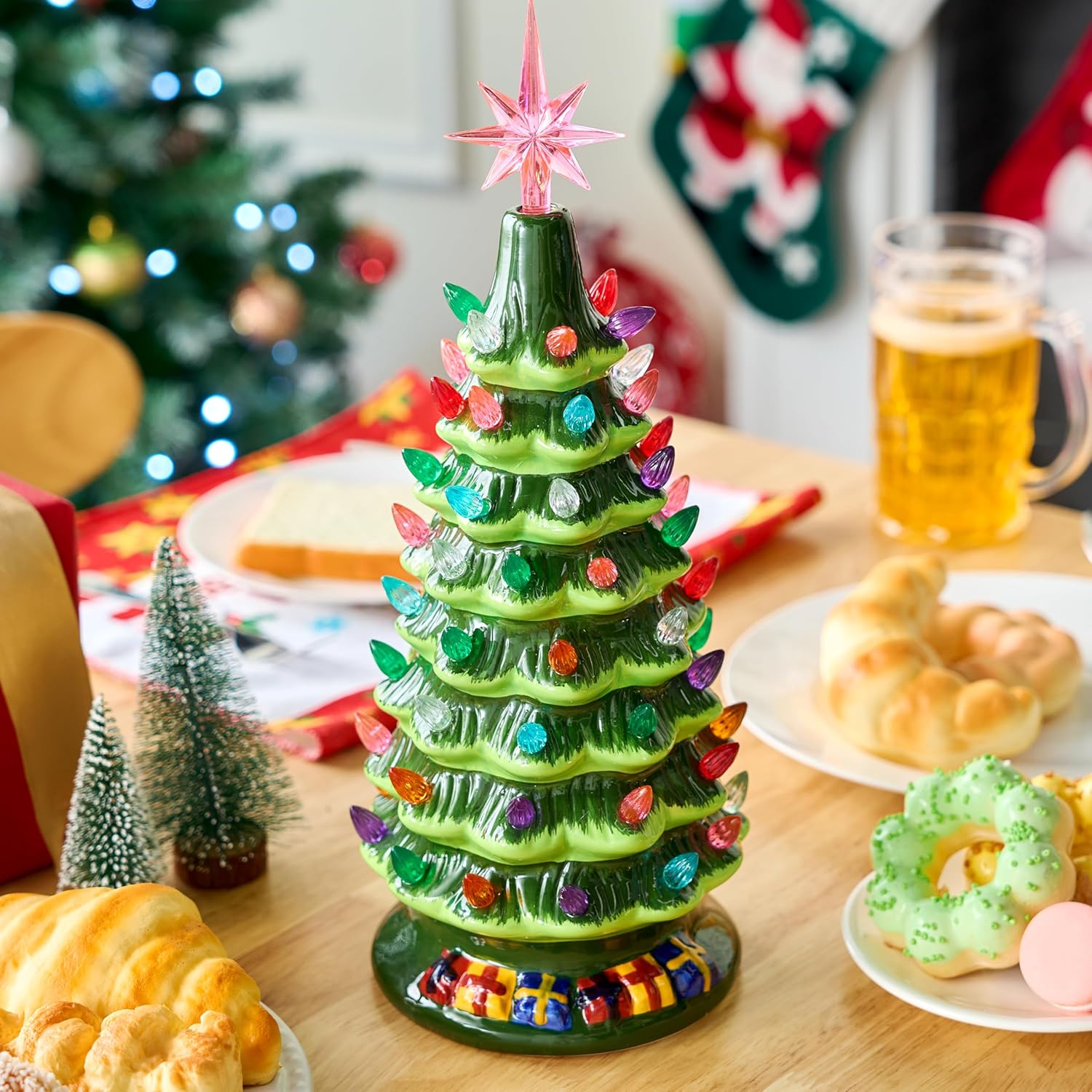 Joiedomi 15 Tabletop Prelit Ceramic Christmas Tree with 70 Multicolor Lights, Hand-Painted Ceramic Tabletop Christmas Tree for Christmas Holiday Indoor Decorations