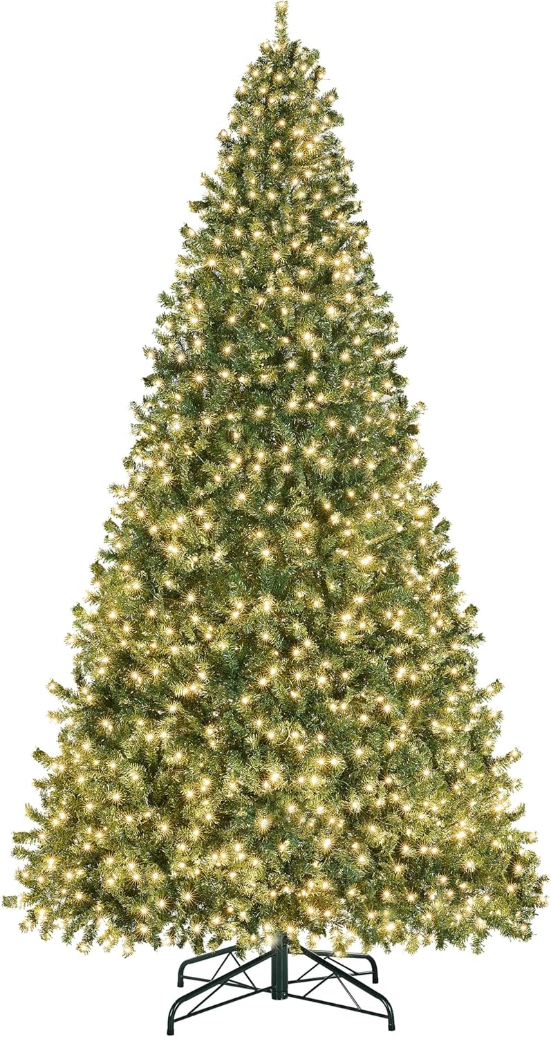 Yaheetech 4.5ft Pre-lit Spruce Artificial Hinged Christmas Pine Tree Prelighted Holiday Xmas Tree for Home Party Decoration with 150 Warm White Lights and 324 Branch Tips, White