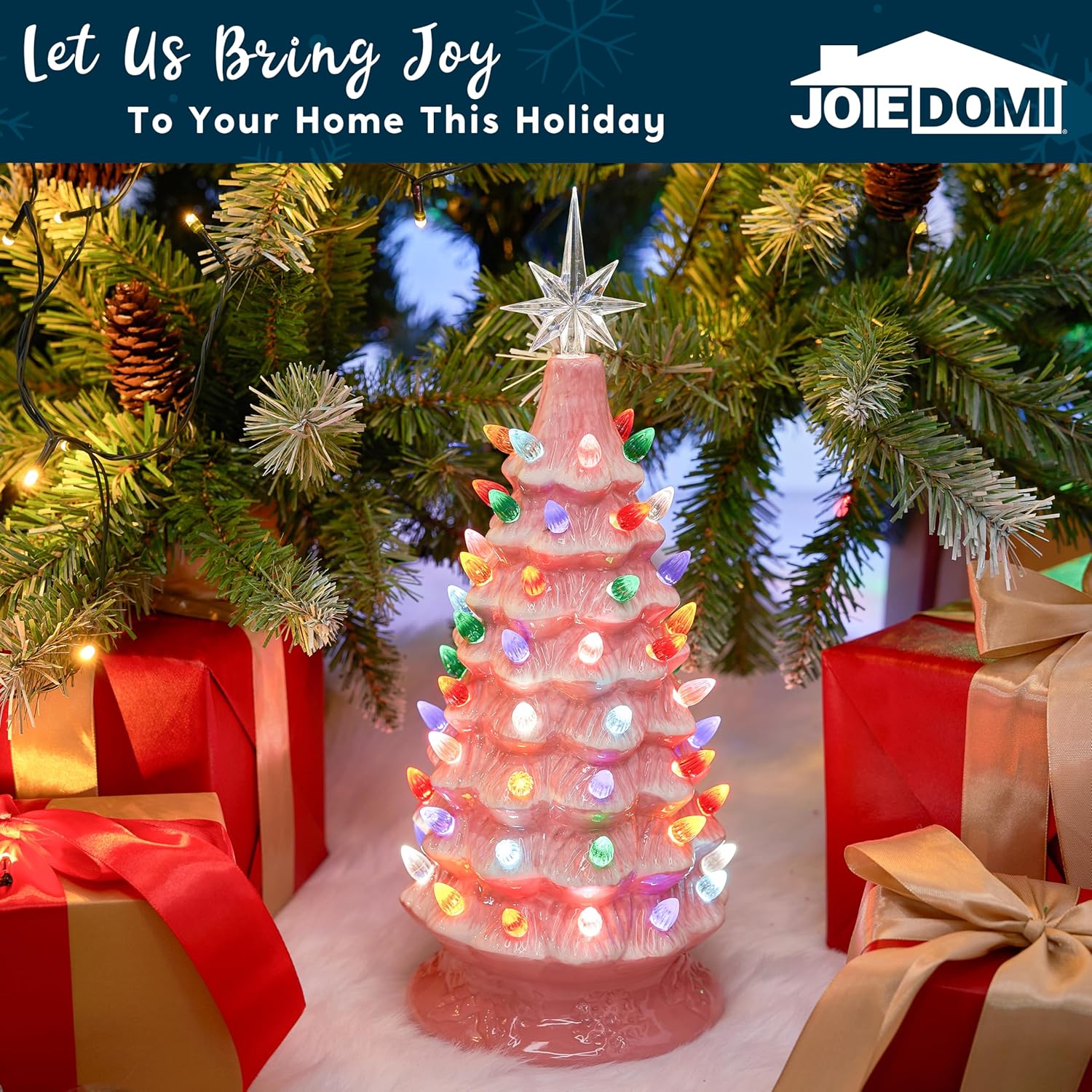 Joiedomi 15 Tabletop Prelit Ceramic Christmas Tree with 70 Multicolor Lights, Hand-Painted Ceramic Tabletop Christmas Tree for Christmas Holiday Indoor Decorations