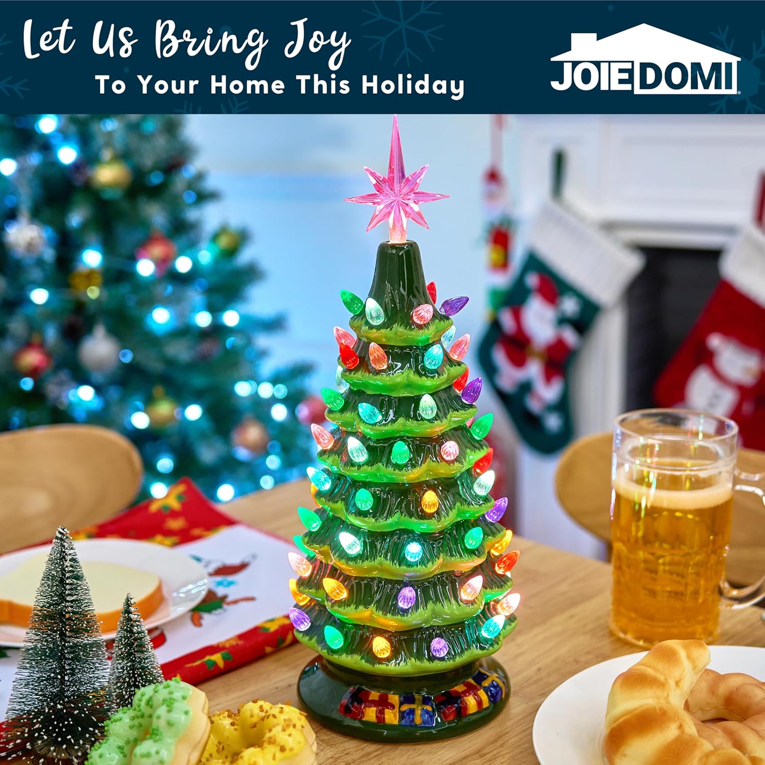 Joiedomi 15 Tabletop Prelit Ceramic Christmas Tree with 70 Multicolor Lights, Hand-Painted Ceramic Tabletop Christmas Tree for Christmas Holiday Indoor Decorations