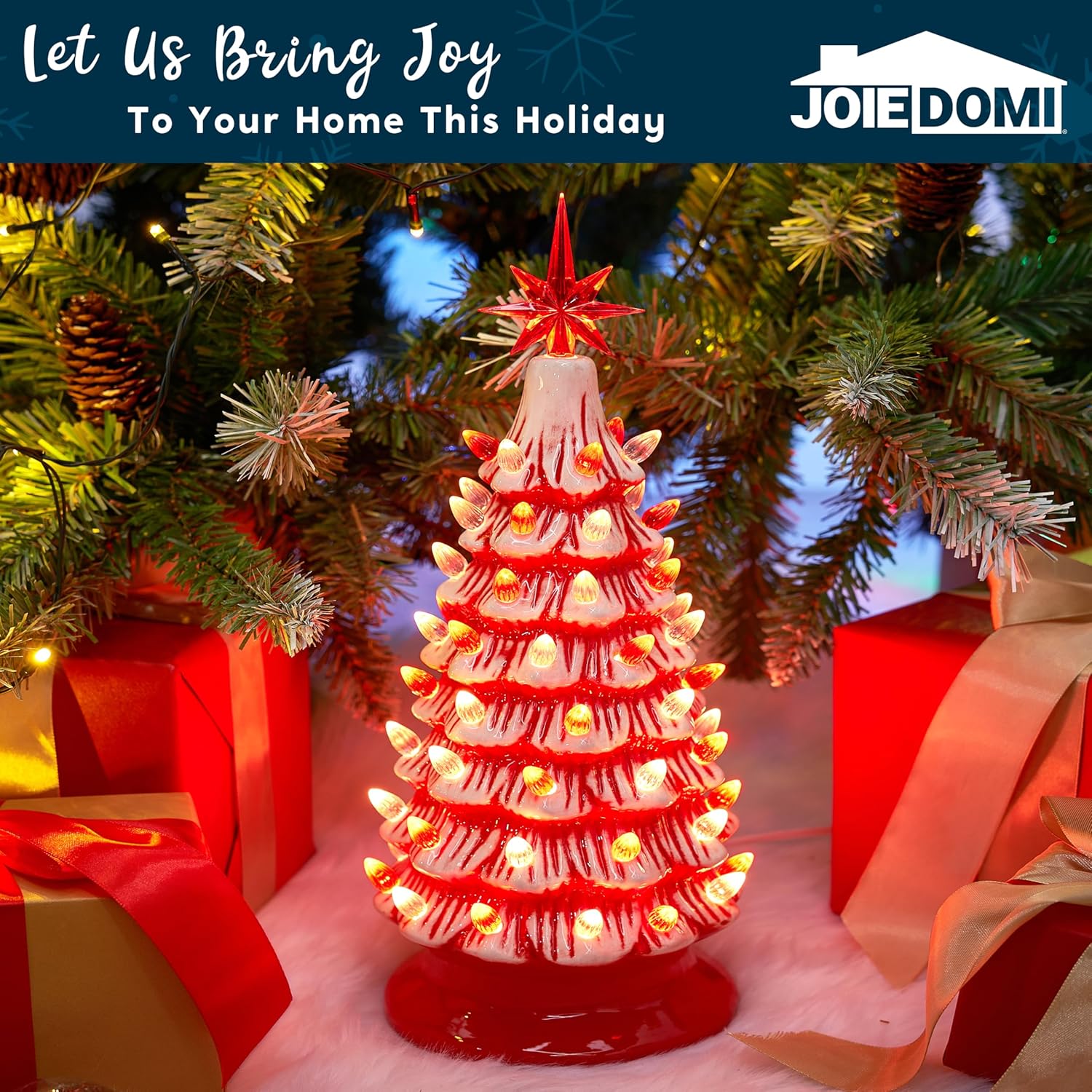 Joiedomi 15 Tabletop Prelit Ceramic Christmas Tree with 70 Multicolor Lights, Hand-Painted Ceramic Tabletop Christmas Tree for Christmas Holiday Indoor Decorations