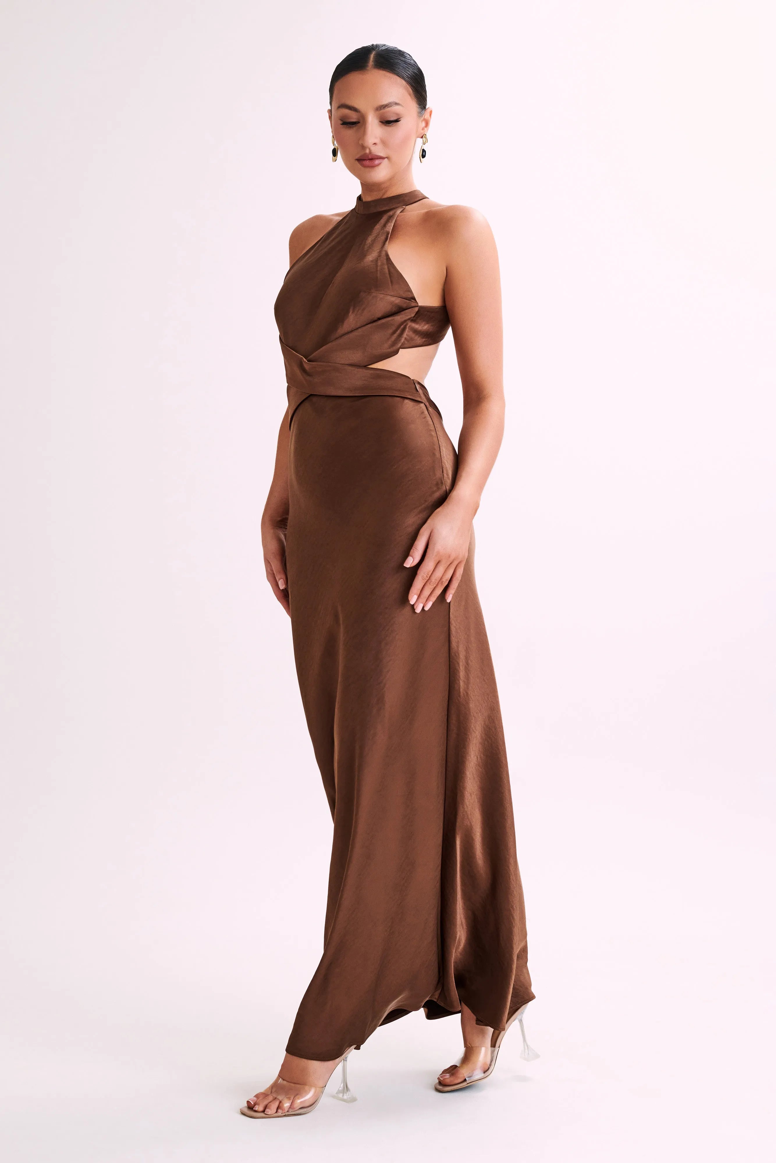 Nalani Satin Halter Maxi Dress - Chocolate