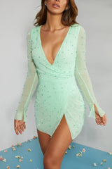 Embellished Wrap Over A-Line Mini Dress in Mint