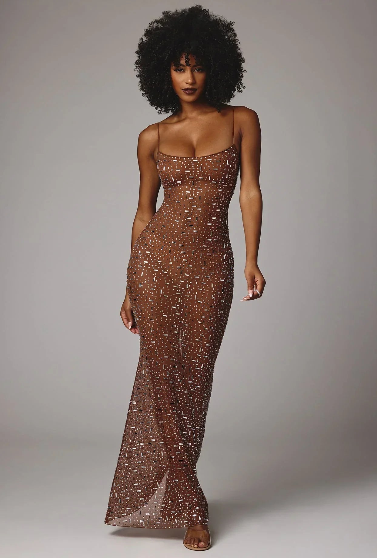 Sheer Embellished Scoop Neck Evening Gown in Mocha