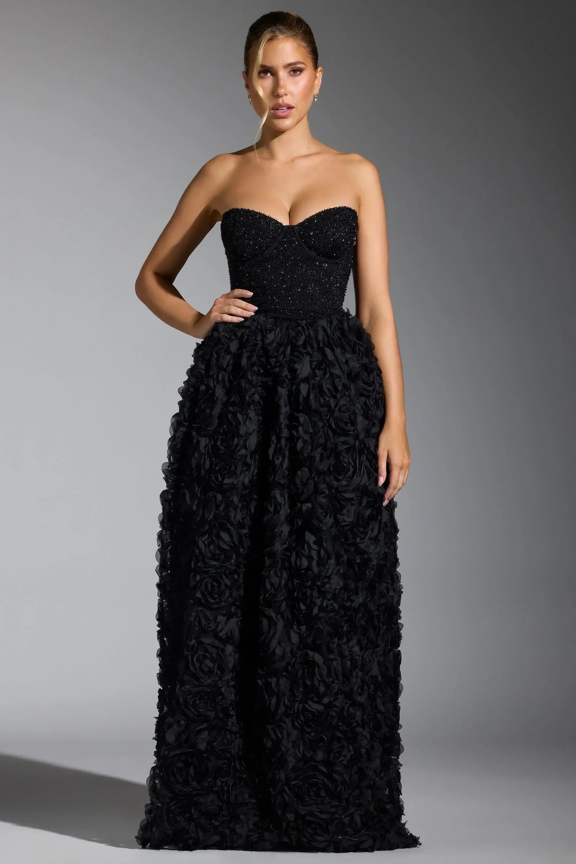 Embellished Floral-Appliqué Corset Gown in Black