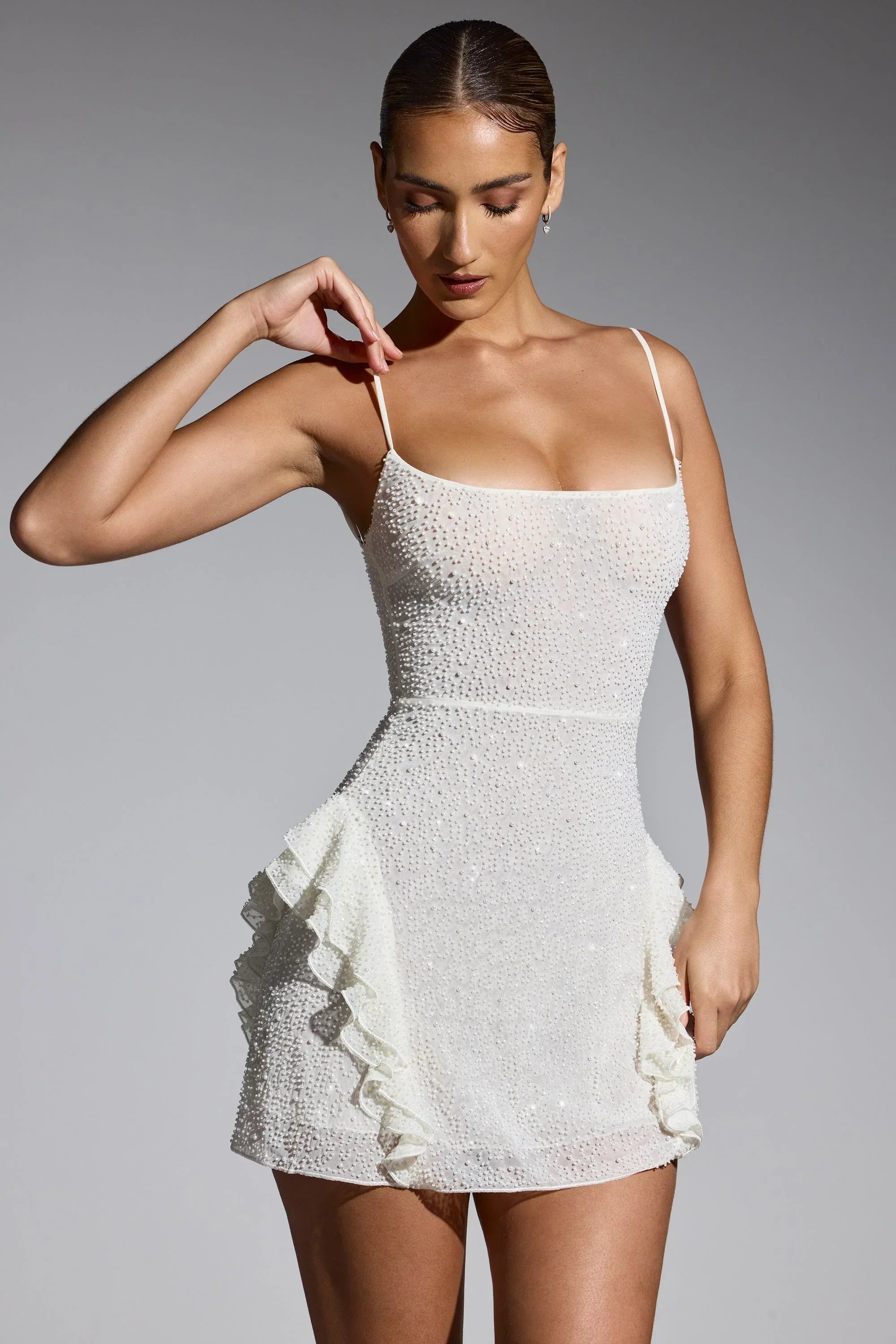 Embellished Frill Mini Dress in White