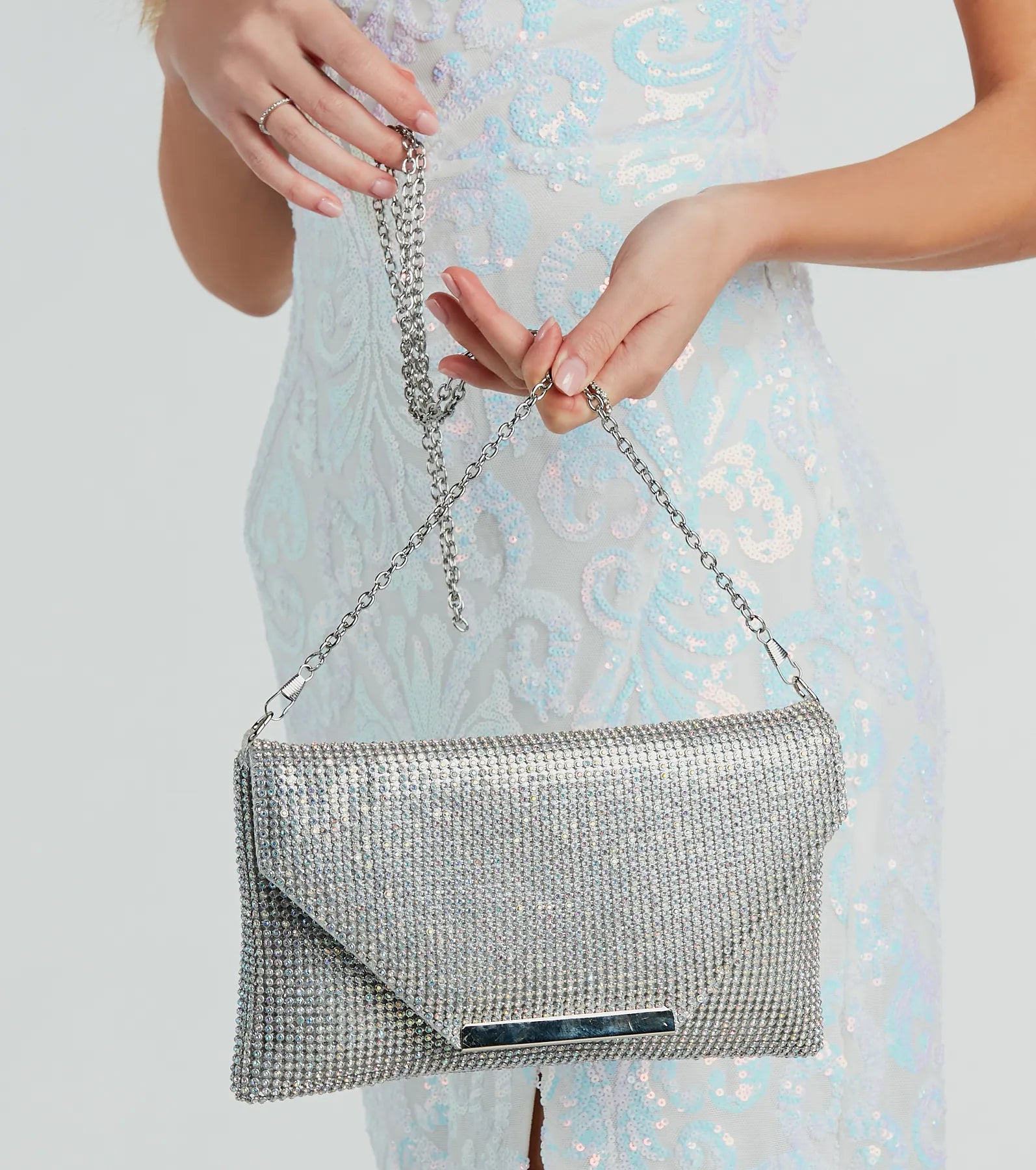 Luxe Shimmer Iridescent Rhinestone Envelope Clutch