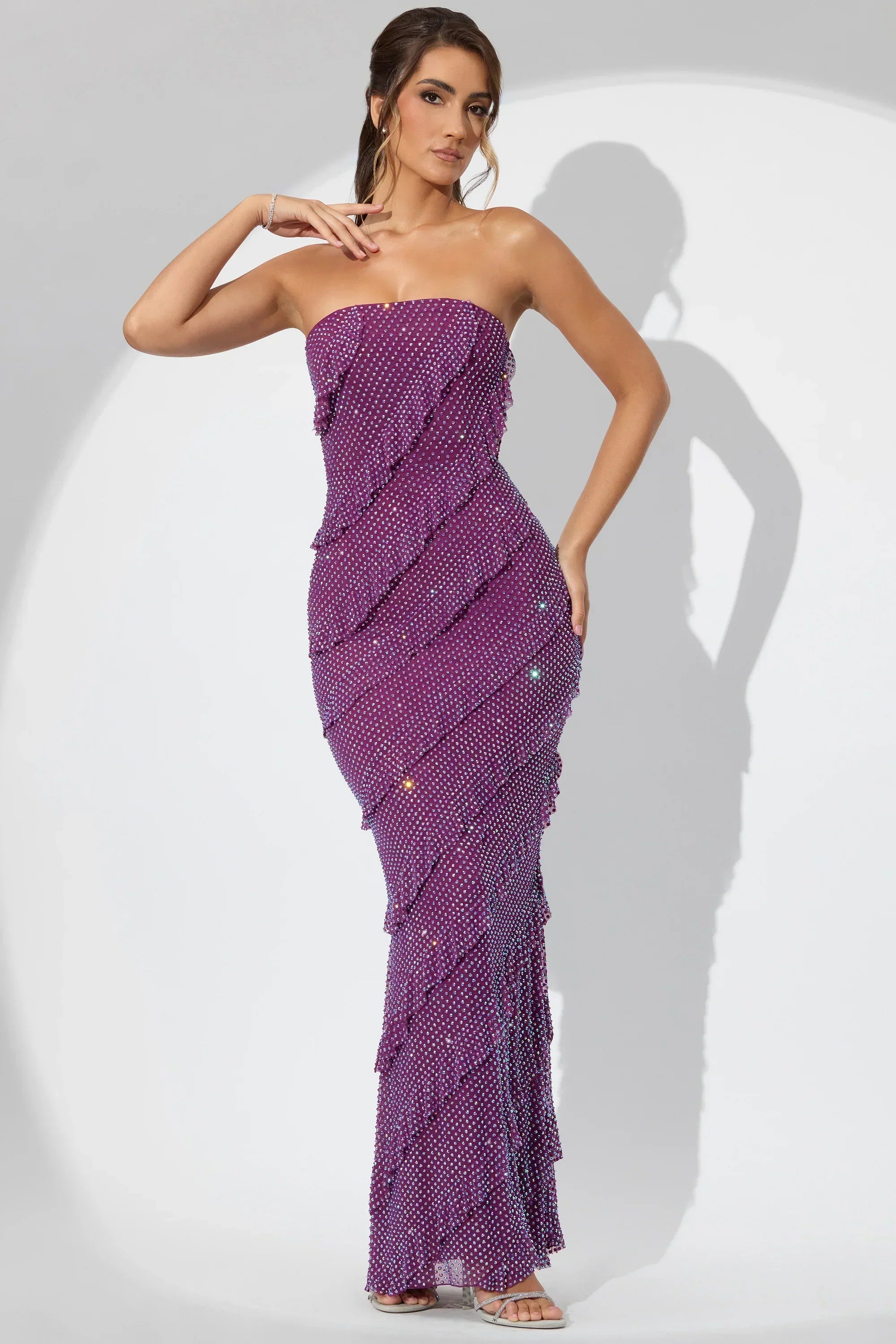 Embellished Strapless Ruffle Maxi Dress in Plum