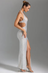 Embellished Cut-Out Halterneck Maxi Dress in White