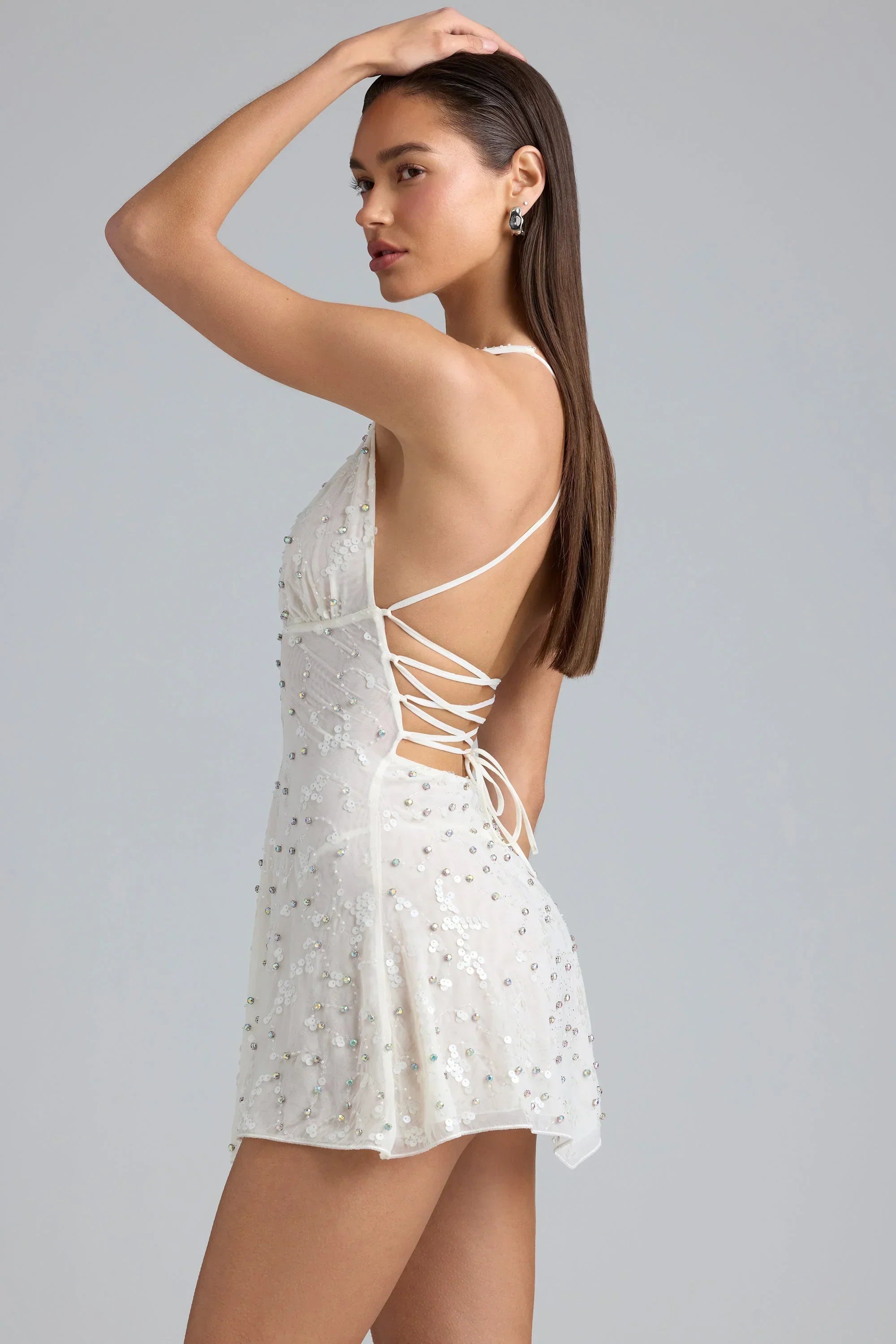 Embellished Multi-Strap Mini Dress in Ivory