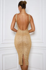 Embellished Open-Back Midaxi Dress in Gold