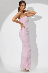 Embellished Strapless Ruffle Maxi Dress in Soft Pink