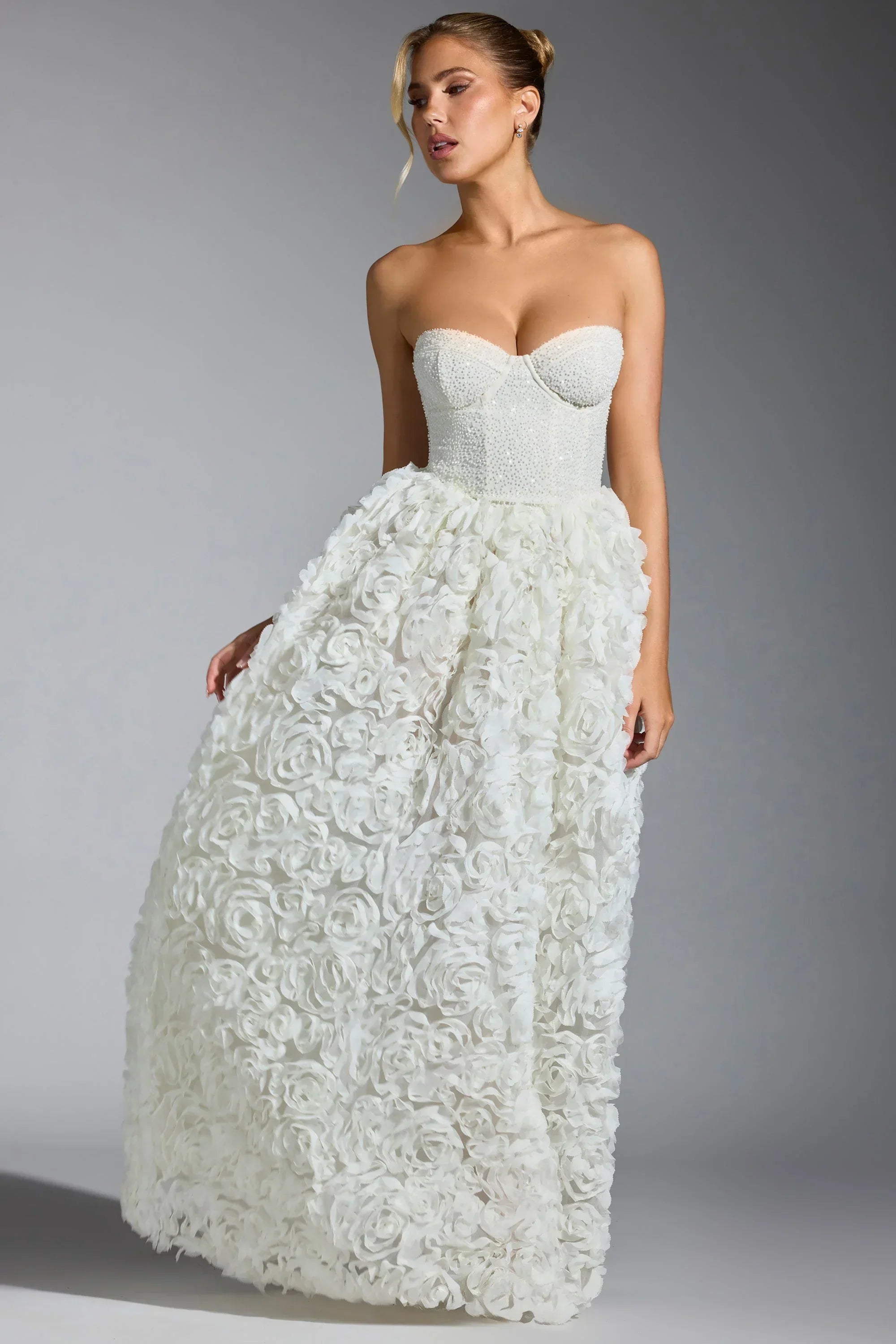 Embellished Floral-Appliqué Corset Gown in White