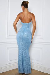 Embellished Fishtail Maxi Dress in Light Blue