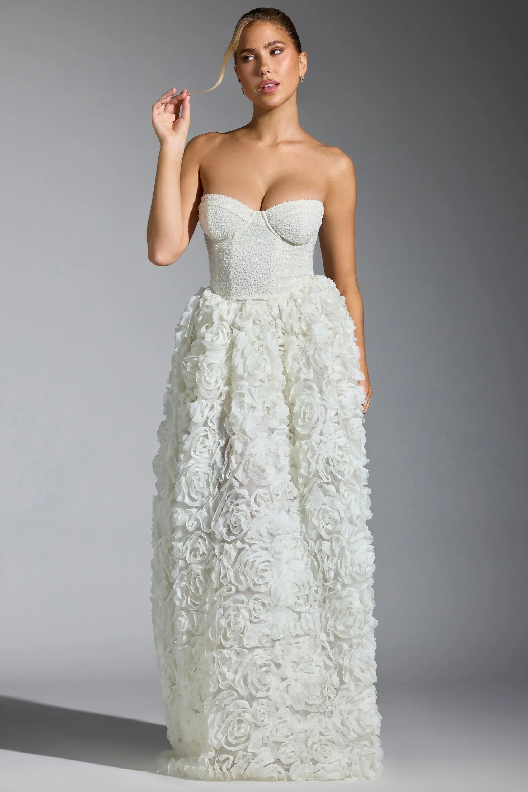 Embellished Floral-Appliqué Corset Gown in White