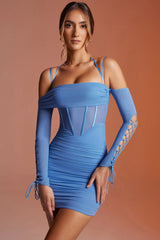 Lace Up Long Sleeve Corset Mini Dress in Blue