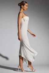 Embellished Handkerchief Hem Maxi Dress in White