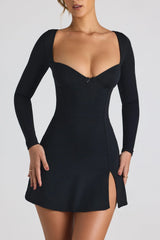 Modal Bow-Embellished Sweetheart-Neck A-Line Mini Dress in Black