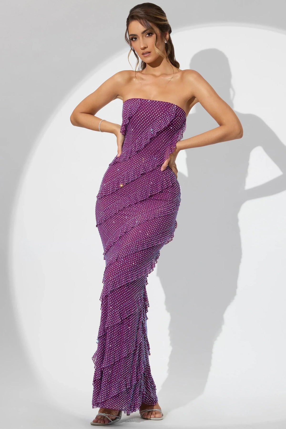 Embellished Strapless Ruffle Maxi Dress in Plum