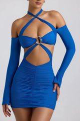 Off-Shoulder Ruched Cut-Out Mini Dress in Cobalt Blue