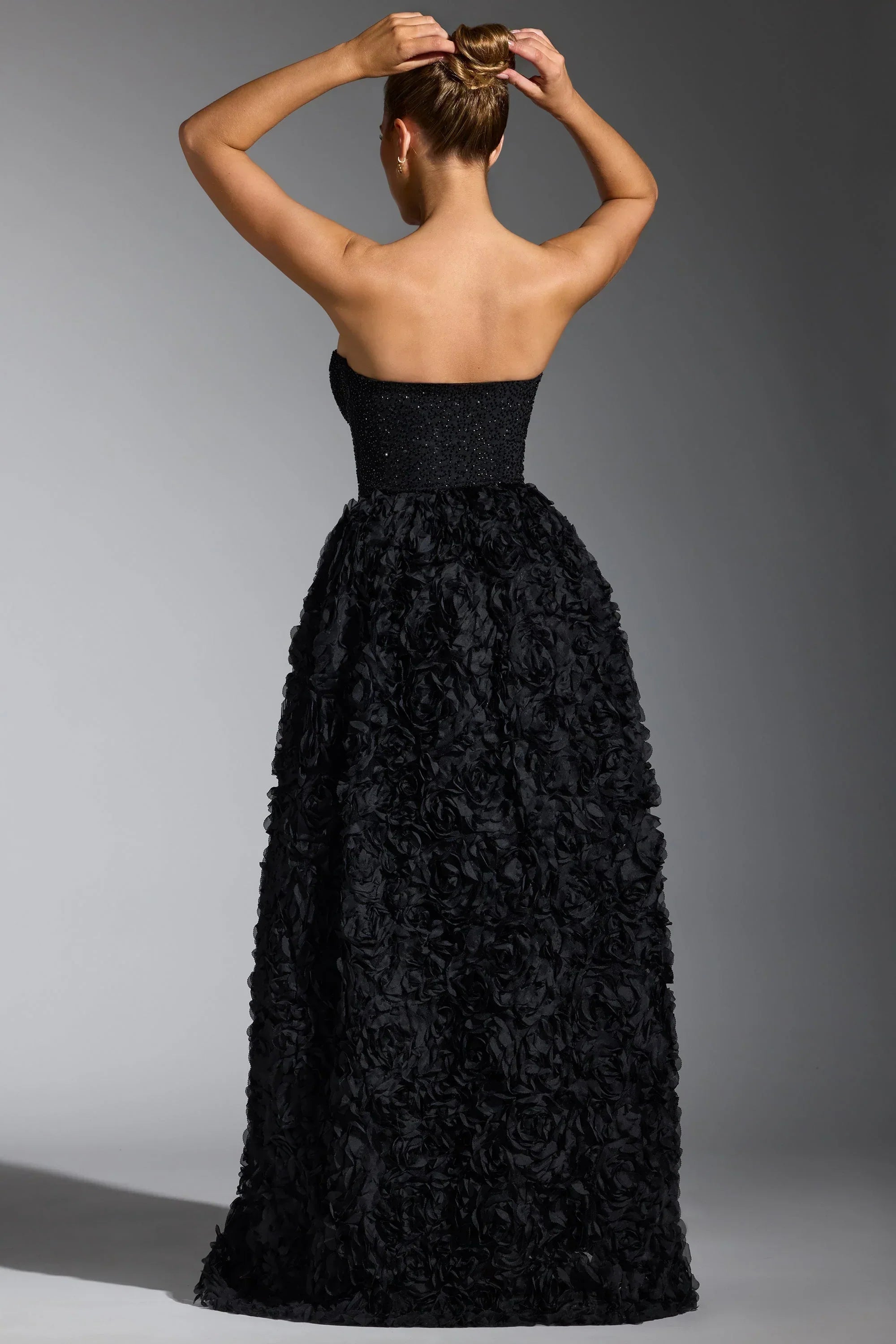 Embellished Floral-Appliqué Corset Gown in Black