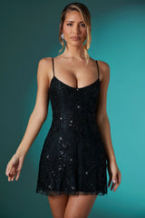 Embellished Lace Mini Dress in Black