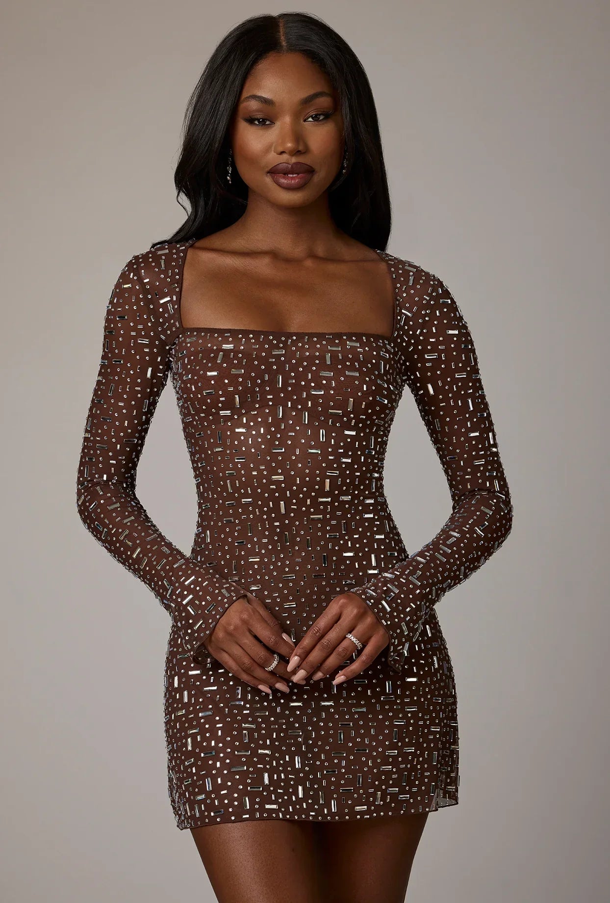 Sheer Embellished Long Sleeve A-Line Mini Dress in Deep Cocoa