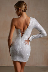 Hand Embellished Couture Draped One Shoulder Mini Dress in White