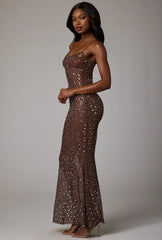 Sheer Embellished Scoop Neck Evening Gown in Deep Cocoa