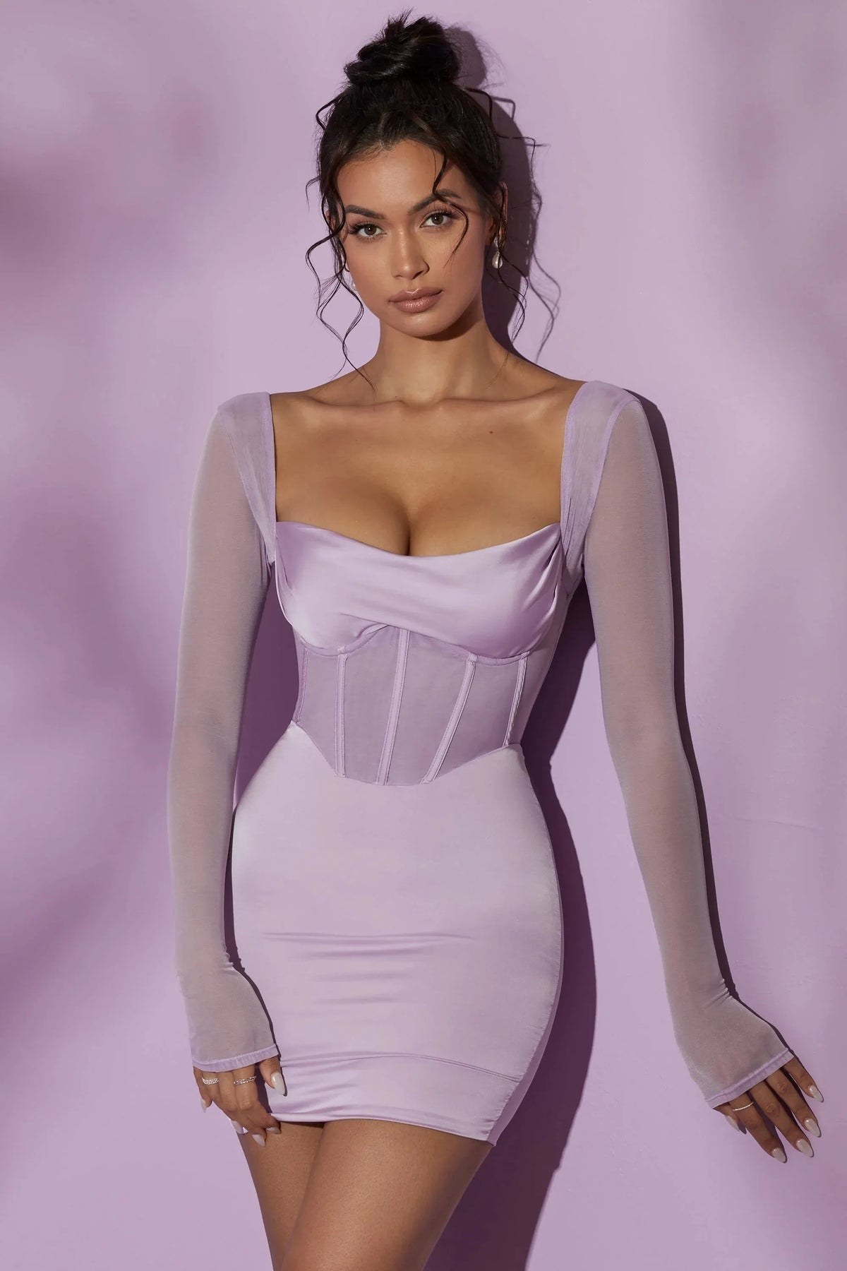 Long Sleeve Mesh Corset Mini Dress in Lilac