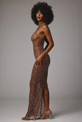 Sheer Embellished High Neck Evening Gown in Mocha