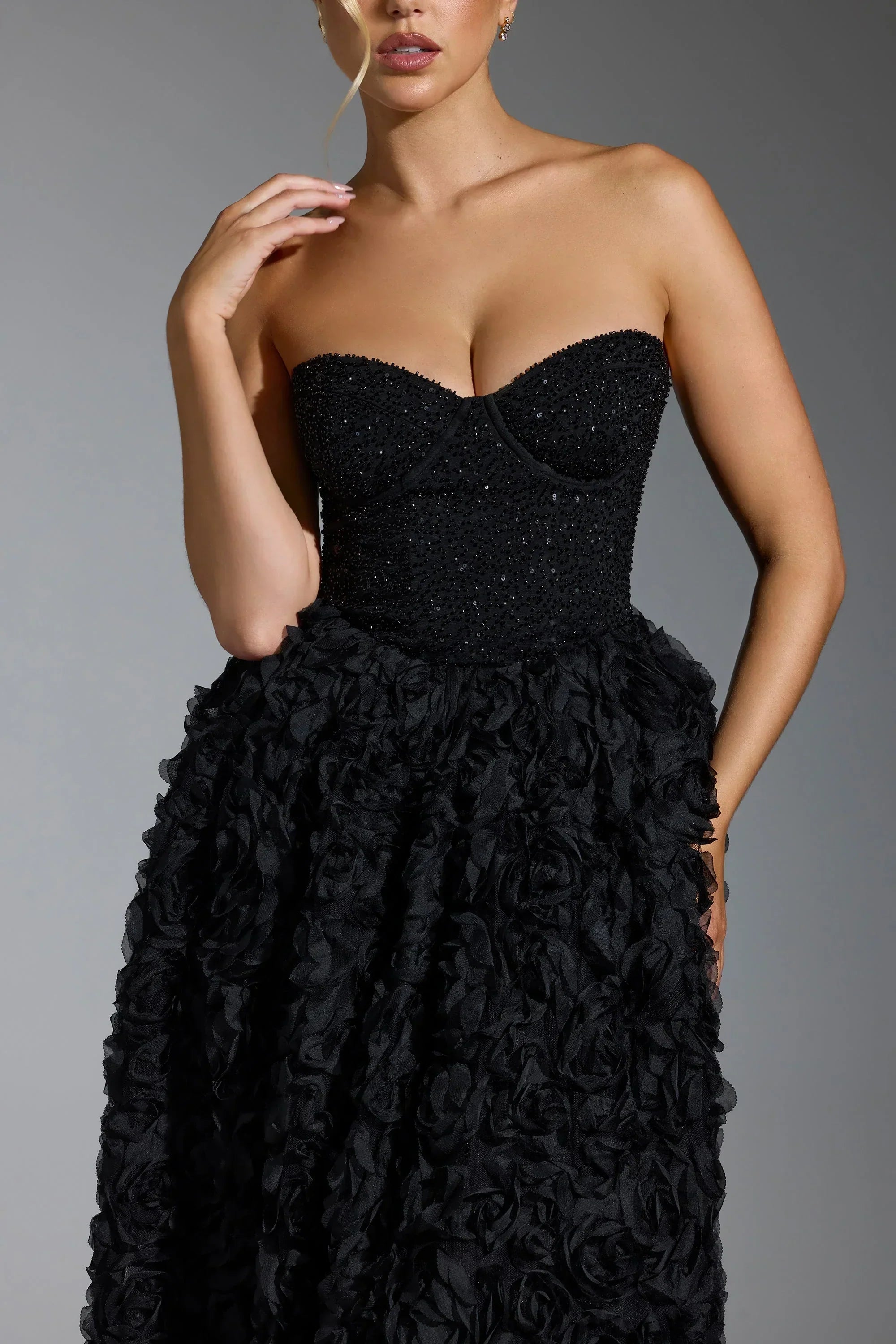 Embellished Floral-Appliqué Corset Gown in Black